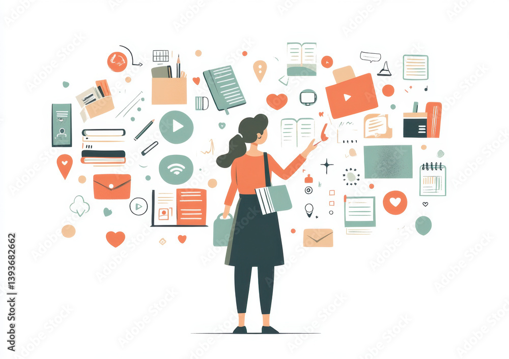 Woman surrounded by work tools, symbolizing productivity and organization. Woman surrounded by work tools, symbolizing productivity and organization.