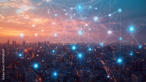 Futuristic City Skyline with Digital Network Connections