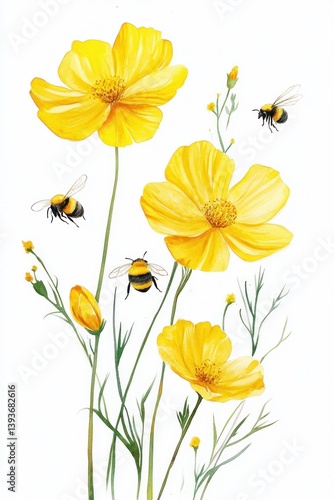 Beautiful yellow flowers and busy bees in a light watercolor painting