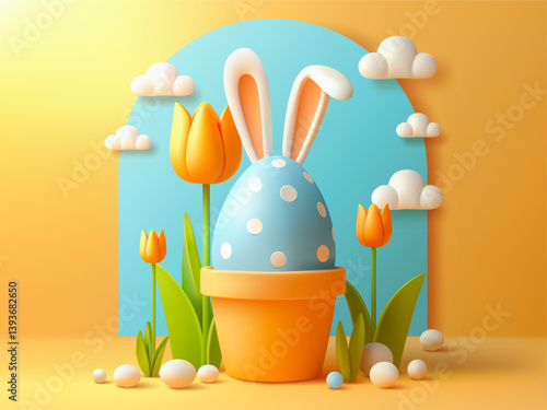 Happy Easter Holiday, Egg with Rabbit Ears, Spring Flower. Festive Easter banner. Easter Illustration design, greetings, greeting card, poster, flyer. Yellow Background. Egg with Bunny Ears. Egg Hunt