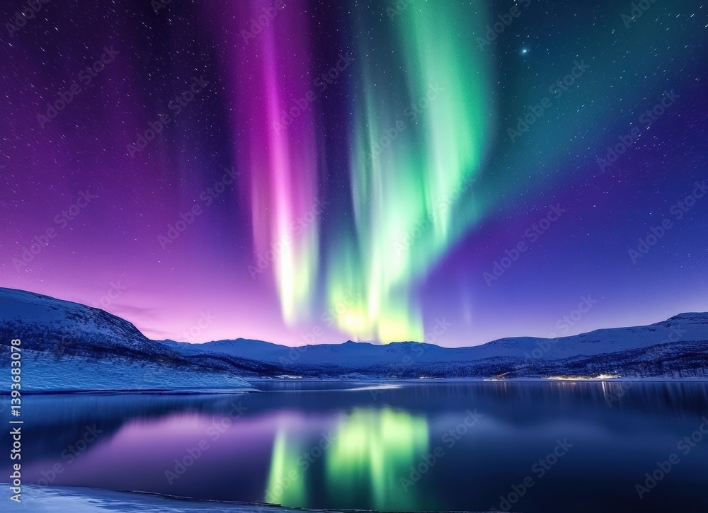 Aurora borealis illuminating snowy mountains reflecting in a lake in norway Aurora borealis illuminating snowy mountains reflecting in a lake in norway