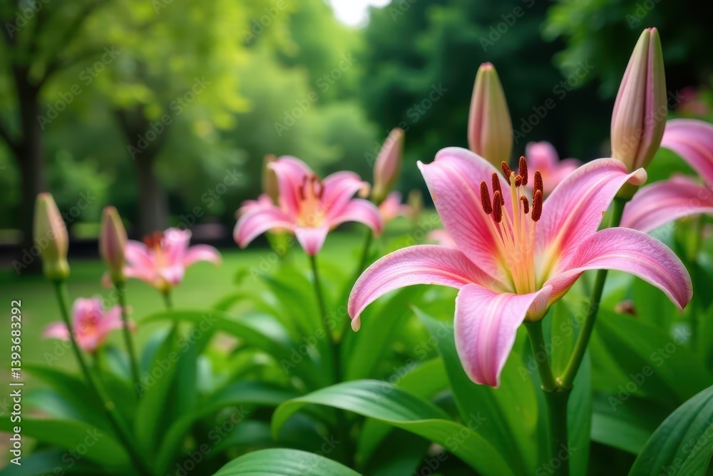 Fototapeta premium Delicate pink lily stems amidst lush greenery, garden, blooming, foliage