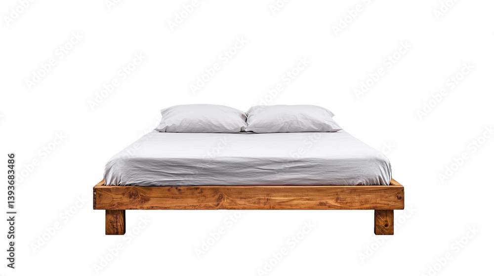Wooden bed frame with white bedding