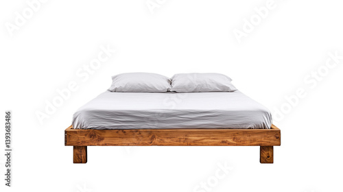 Obraz na płótnie Wooden bed frame with white bedding w salonie