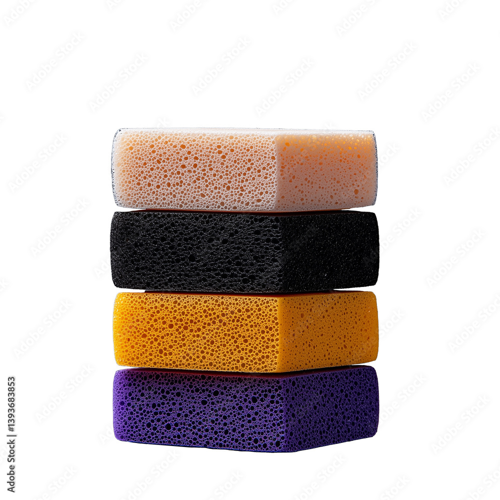 Stacked colorful sponges on display