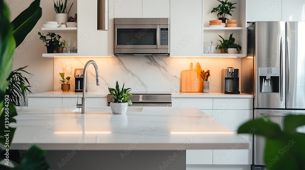 Fototapeta premium Modern minimalist kitchen featuring white cabinetry, stainless steel appliances, marble countertops, and greenery decor