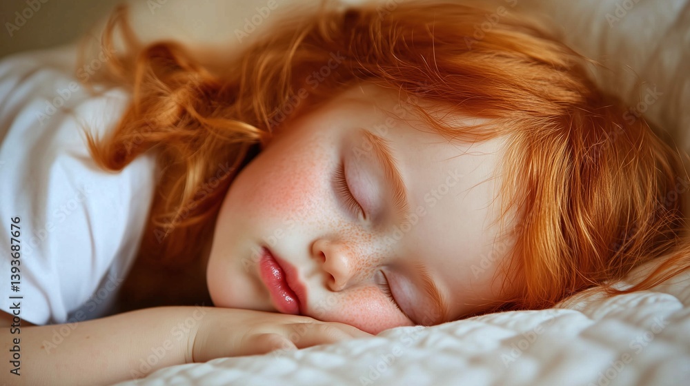 Redhead little girl sleeping in bed. lying asleep in bedroom. Horizontal photo (16:9) Redhead little girl sleeping in bed. lying asleep in bedroom. Horizontal photo (16:9)