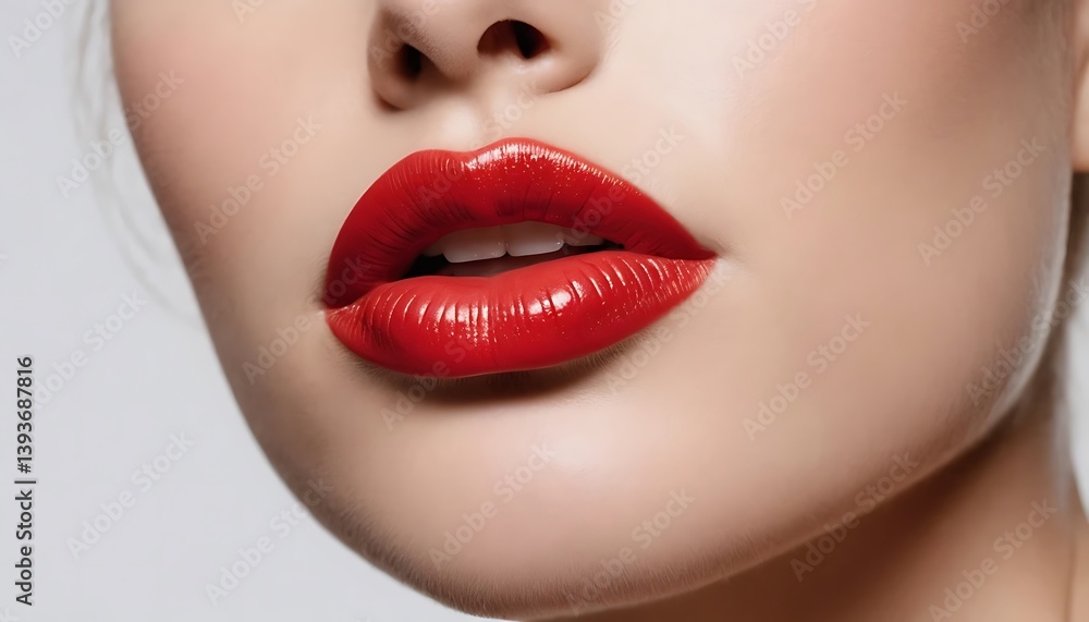 Fototapeta premium Woman's Red Lips with Glossy Lipstick Close-up for Beauty Concepts