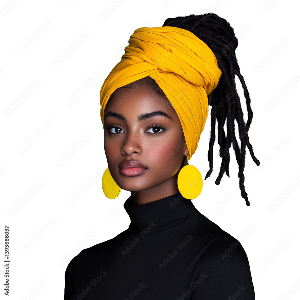 Woman in yellow head wrap and earrings