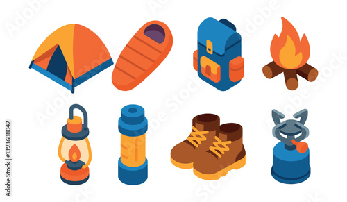 Isometric 3d camping icons set: essential outdoor adventure equipment