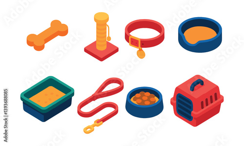 Colorful pet accessories icons set - 3d style collection