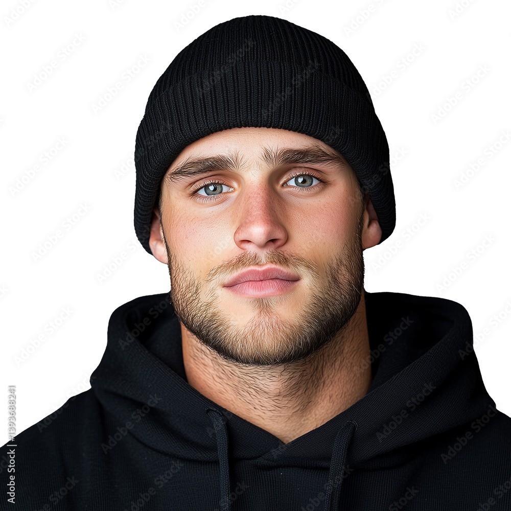 Man in black hoodie and beanie hat