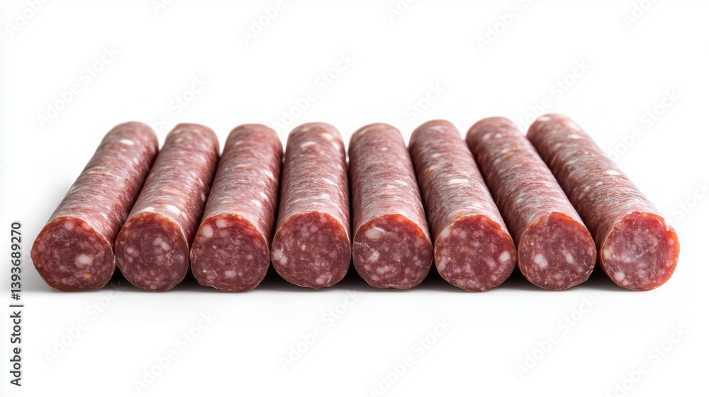 Array of sliced salami on white background for culinary exploration Array of sliced salami on white background for culinary exploration