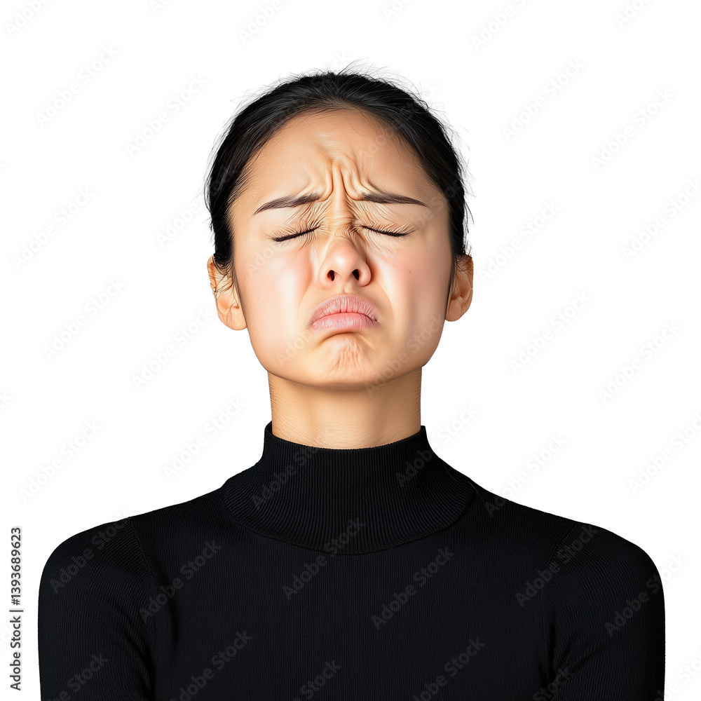 Woman in black sweater with pained expression