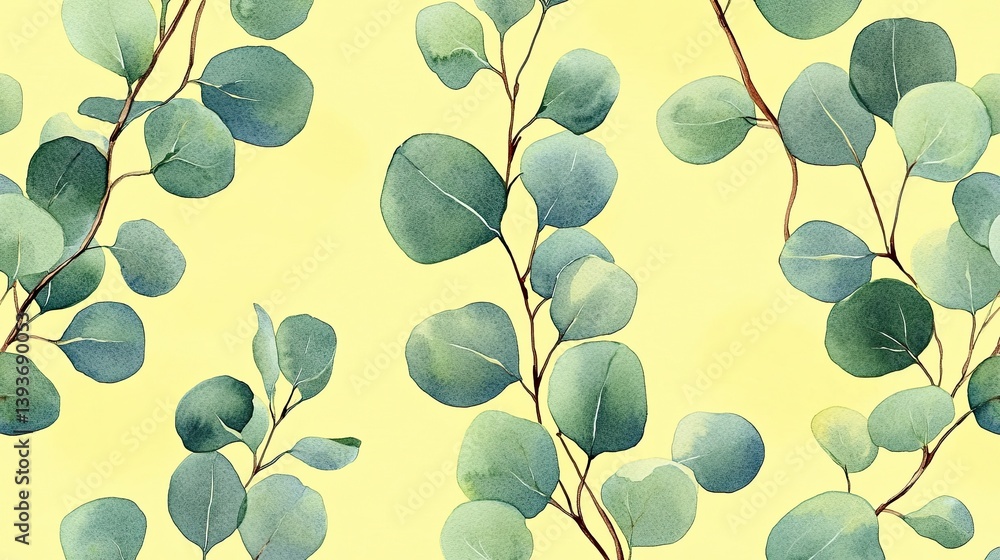 Delicate watercolor eucalyptus leaves seamless pattern on a light yellow background Delicate watercolor eucalyptus leaves seamless pattern on a light yellow background