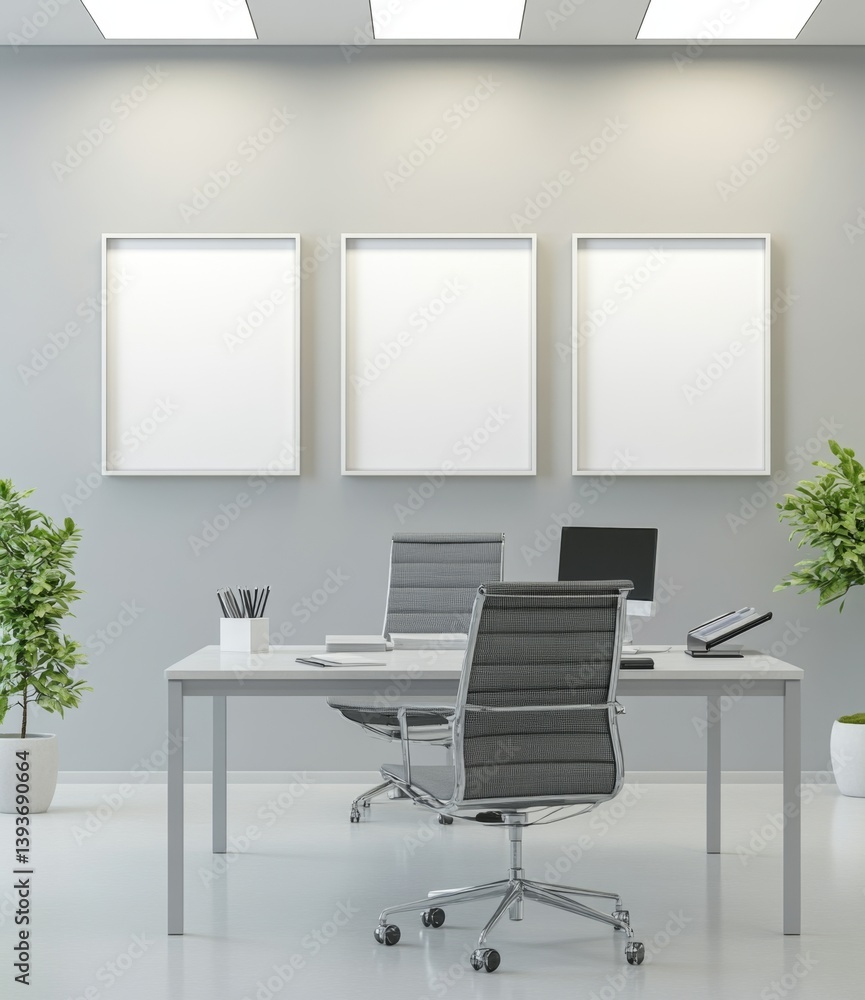Modern office workspace with three empty frames Modern office workspace with three empty frames