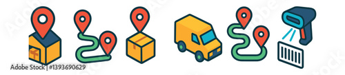 Delivery and logistics icons set: 3d design featuring package, route, truck, and scanner