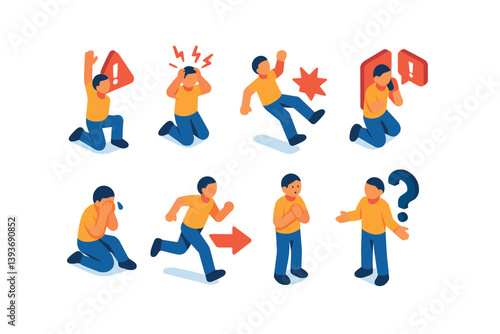 Isometric alert and reaction icon set: emotions and actions visualized in 3d