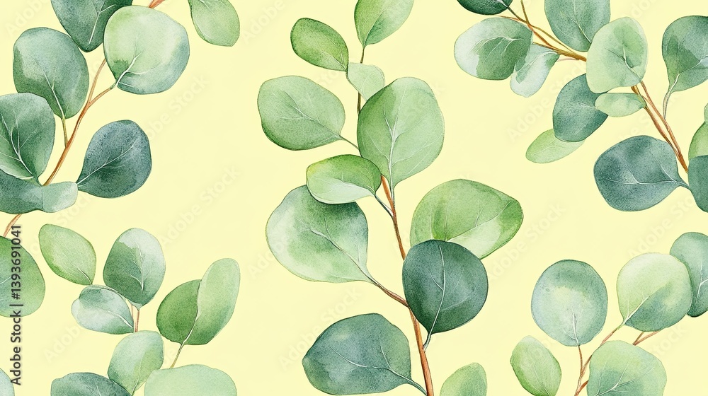 Obraz premium Elegant watercolor eucalyptus leaves pattern with soft yellow background