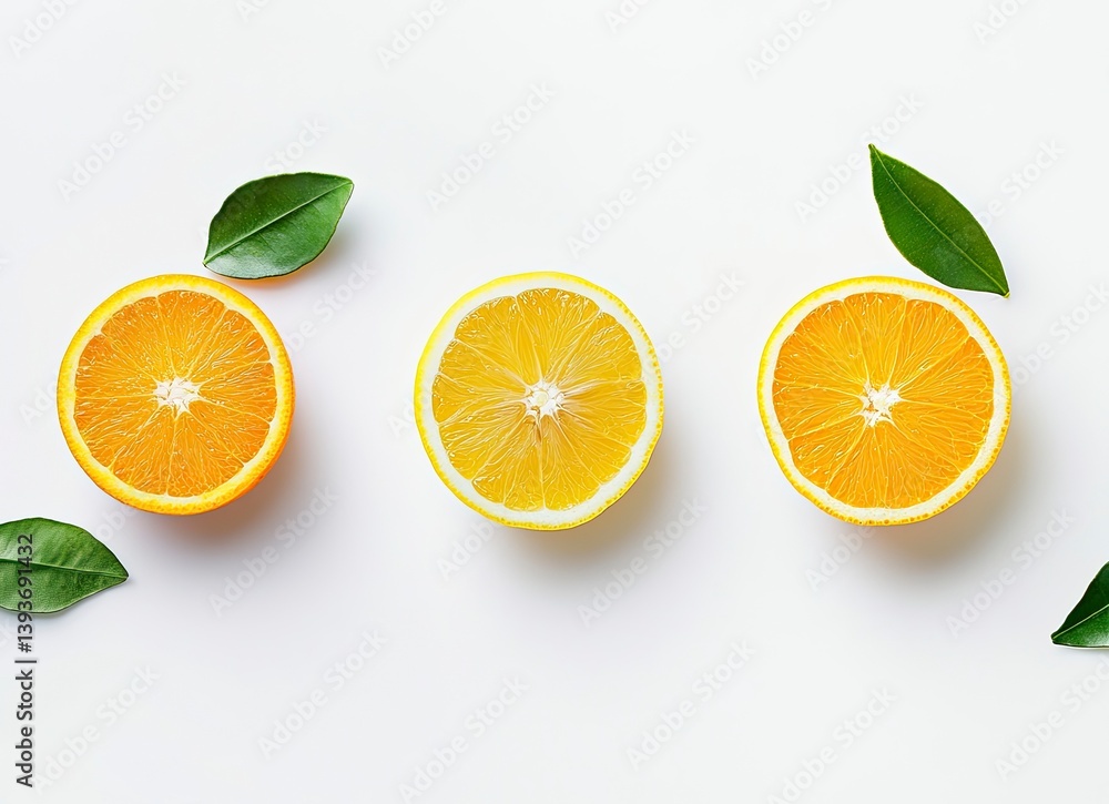 Arrangement of Citrus Fruit Halves with Green Leaves on White Background Arrangement of Citrus Fruit Halves with Green Leaves on White Background