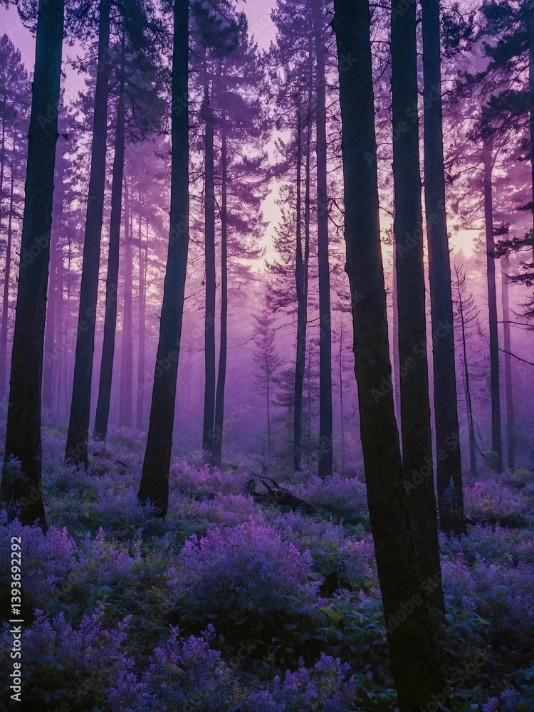 Fototapeta premium Silhouette of a forest with trees bathed in lilac light.