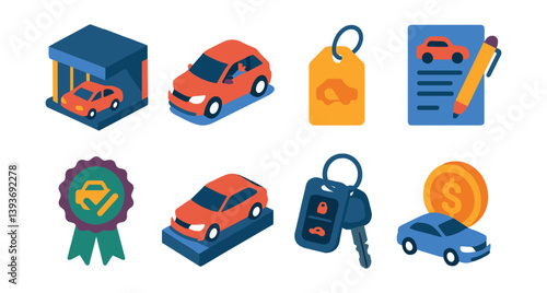 Car dealership icons set: 3d style for automotive sales and services