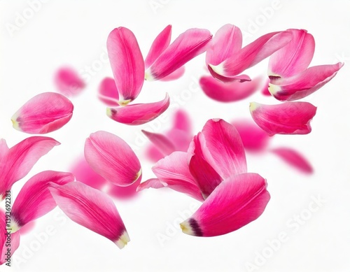 a delicate display of pink tulip petals scattered in mid-air. The petals have a soft texture and are in various shades of pink