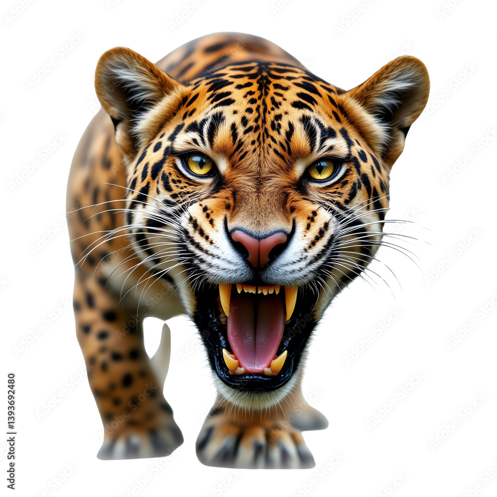 Fototapeta premium Ferocious tiger roaring, white isolate background