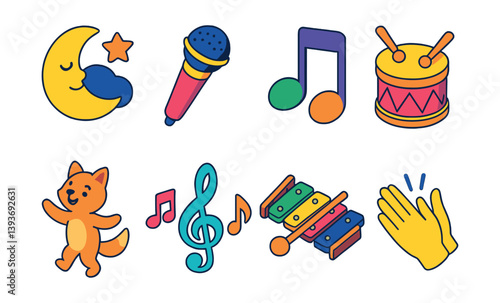 Colorful music icon set featuring instruments and musical symbols in flat style