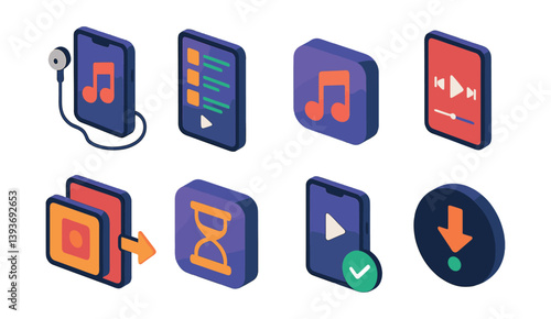 Isometric music app icons set: 3d music and multimedia symbols collection