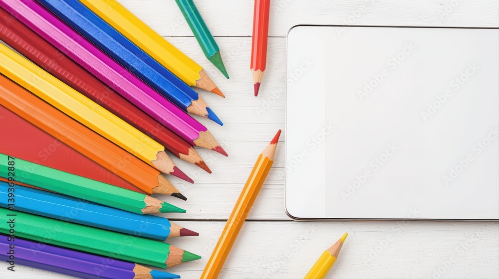 Naklejka premium Colorful pencils and blank notepad on white surface