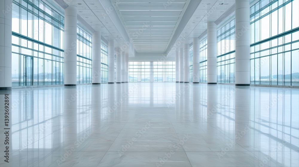 Modern empty hall with large windows and bright light Modern empty hall with large windows and bright light