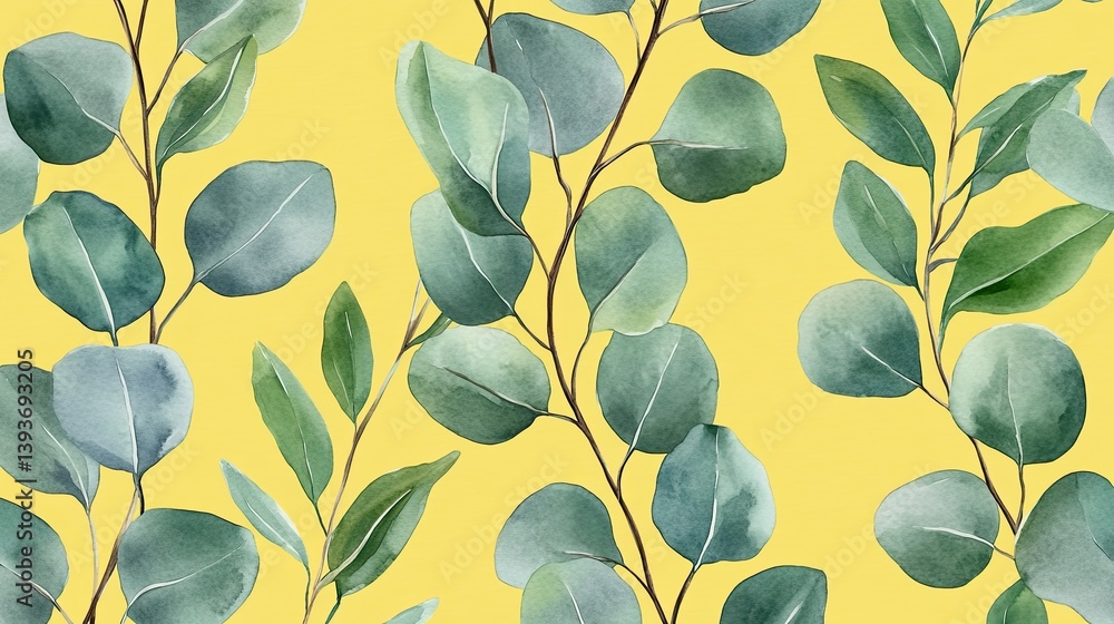Watercolor Eucalyptus Leaves on Yellow Background - Seamless Botanical Pattern Watercolor Eucalyptus Leaves on Yellow Background - Seamless Botanical Pattern