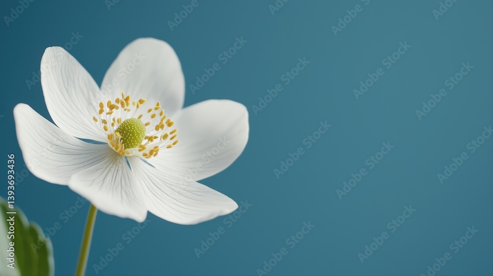 Obraz premium Elegant white flower with green details on blue background
