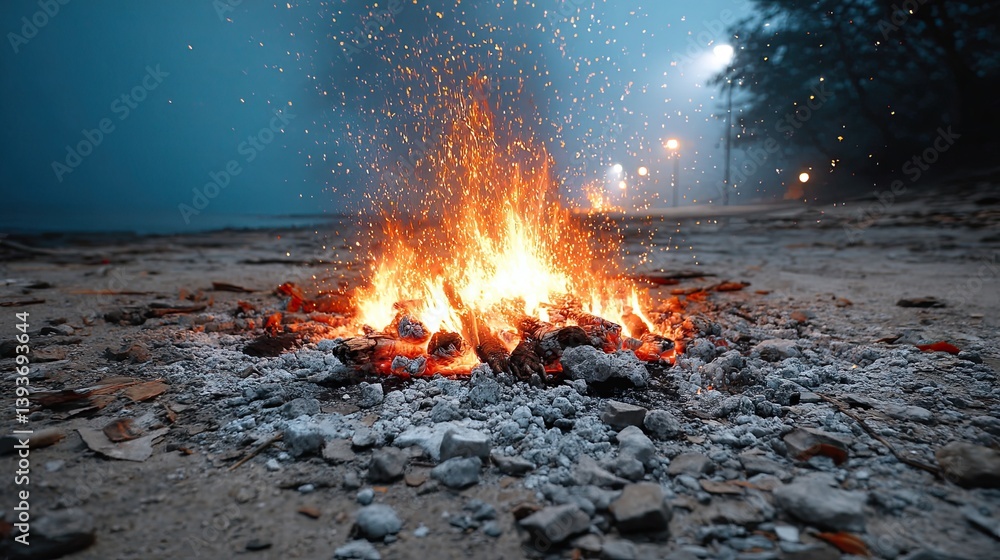 Coast Forest Getaway Sparkling Flames in Dark Night by the Shoreline Coast Forest Getaway Sparkling Flames in Dark Night by the Shoreline