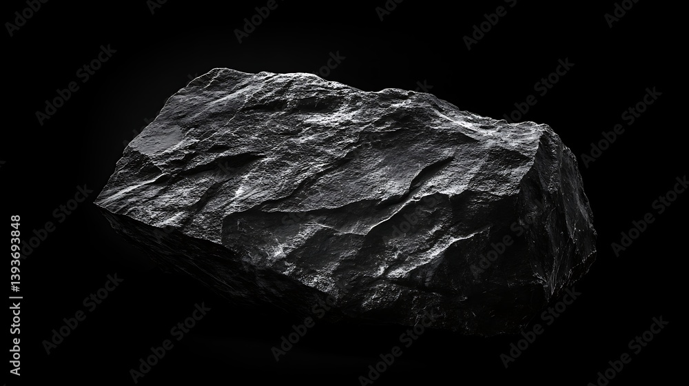 Fototapeta premium A close-up view of a textured, rough black rock against a dark background highlighting its natural features and intricate surfaces