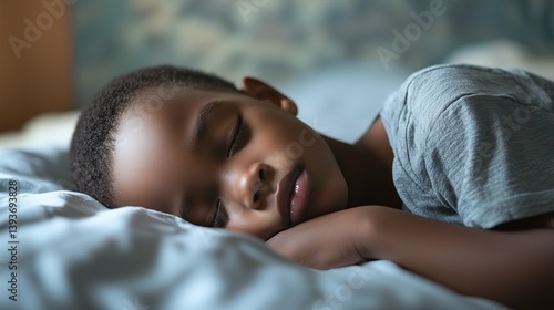 African American little boy sleeping in bed. lying asleep in bedroom. Horizontal photo (16:9)