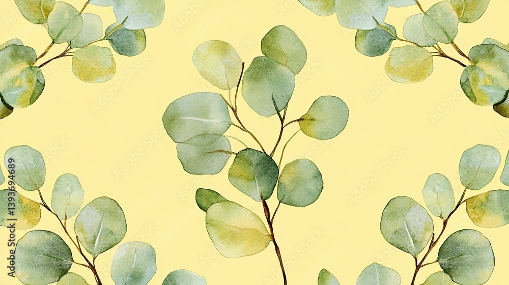 Watercolor Eucalyptus Foliage Pattern on a Pastel Yellow Background Watercolor Eucalyptus Foliage Pattern on a Pastel Yellow Background