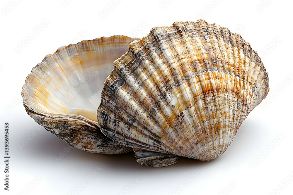 Detailed Two Seashells Still Life, Natural Texture, White Interior, Isolated on White Detailed Two Seashells Still Life, Natural Texture, White Interior, Isolated on White