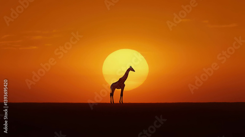 Giraffe Silhouette Against Vibrant Sunset Over Horizon in African Savanna Landscape