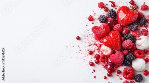 Heart-shaped berries and fruits on white background.  A colorful assortment of frozen berries, cherries, and raspberries arranged in a heart shape against a white backdrop.