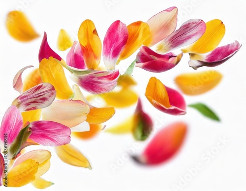 Colorful tulip petals fly in a semicircle, on an isolated white background 