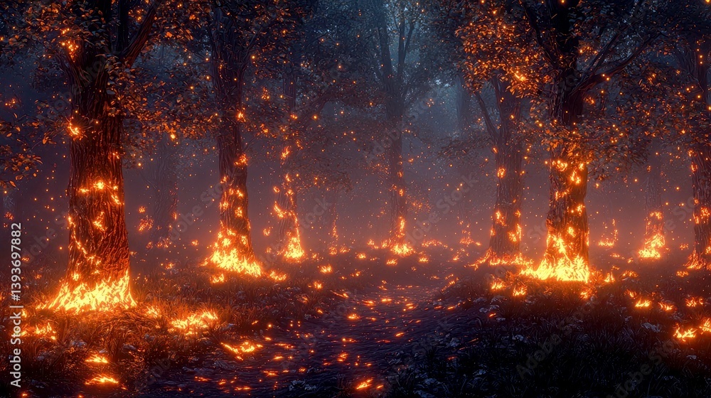 Enchanted Forest at Night: A Fiery, Mystical Landscape of Burning Trees and Glowing Embers Enchanted Forest at Night: A Fiery, Mystical Landscape of Burning Trees and Glowing Embers