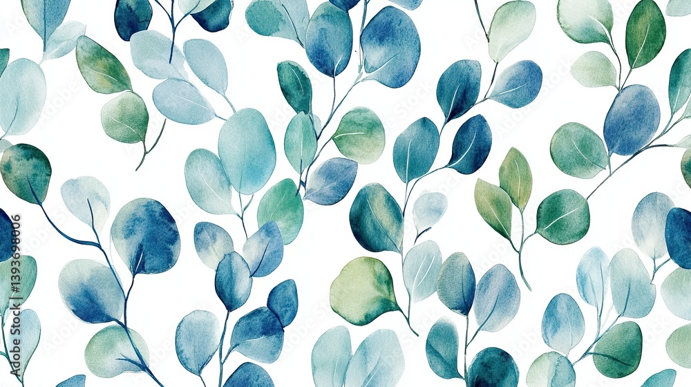 Watercolor Eucalyptus Seamless Pattern with Soft Blue and Green Tones Watercolor Eucalyptus Seamless Pattern with Soft Blue and Green Tones