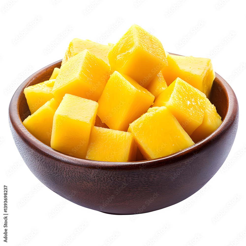 Mango cubes in bowl, isolated on white background Mango cubes in bowl, isolated on white background