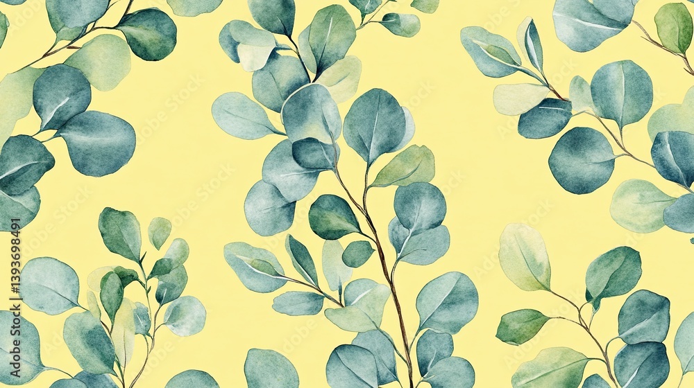 Obraz premium Elegant Eucalyptus Watercolor Pattern on Light Yellow Background for Design Projects