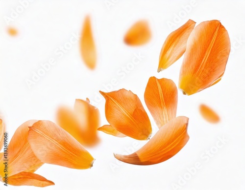 Orange  tulip petals fly in a semicircle, on an isolated white background 