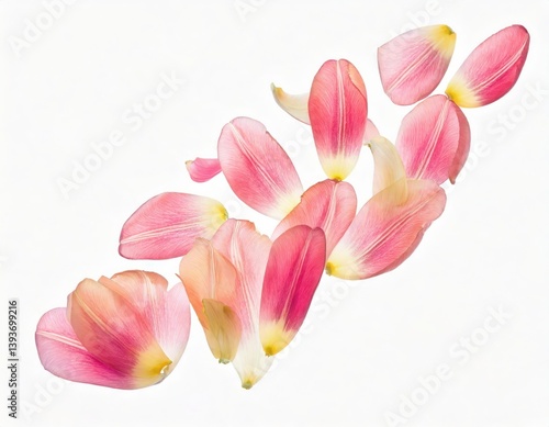 Pink tulip petals fly in a semicircle, on an isolated white background 