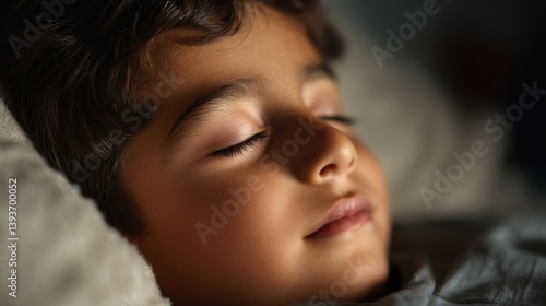 Latin American little boy sleeping in bed. lying asleep in bedroom by night. Horizontal photo (16:9)