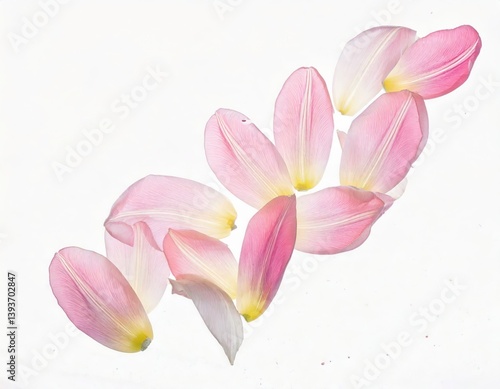 Soft pink tulip petals fly in a semicircle, on an isolated white background 